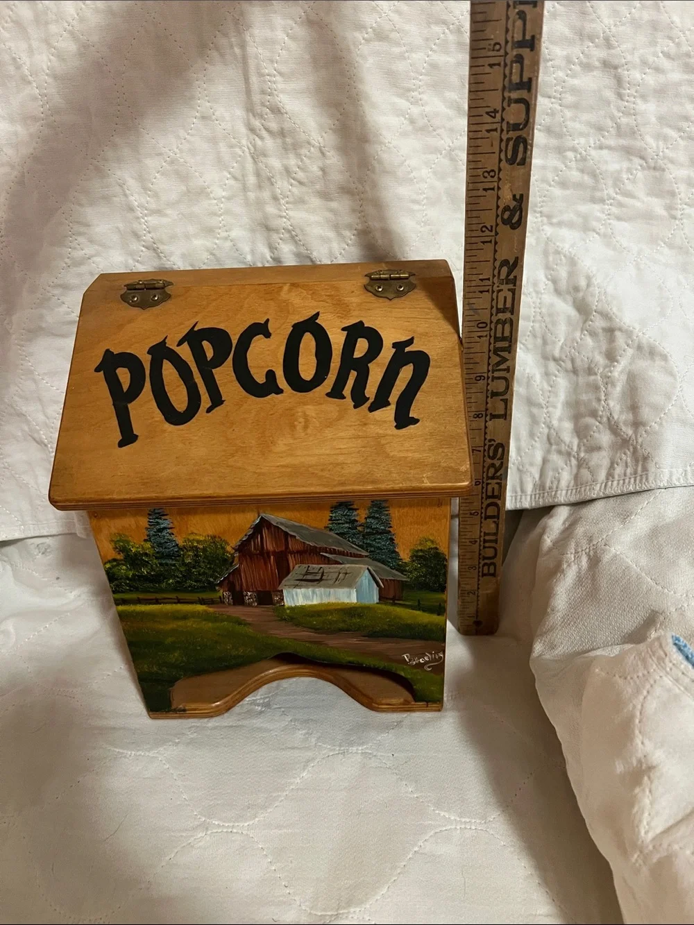 Wood Popcorn Storage Box with Country Barn Painting